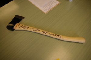Fellow Land Surveyors presented Don with a signed ax in honor of the many blazed lines retraced and established